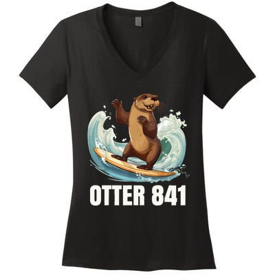 Surfing Otter 841 California Sea Otter 841 Women's V-Neck T-Shirt