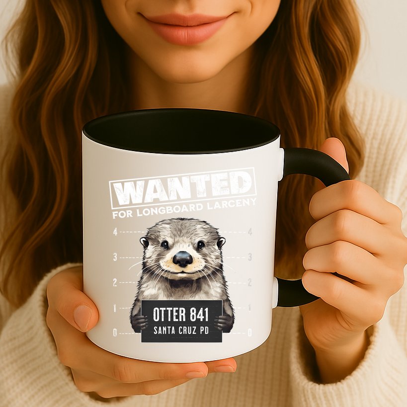 Surfing Otter 841 Wanted For Long Board Larceny Funny Cali Mug