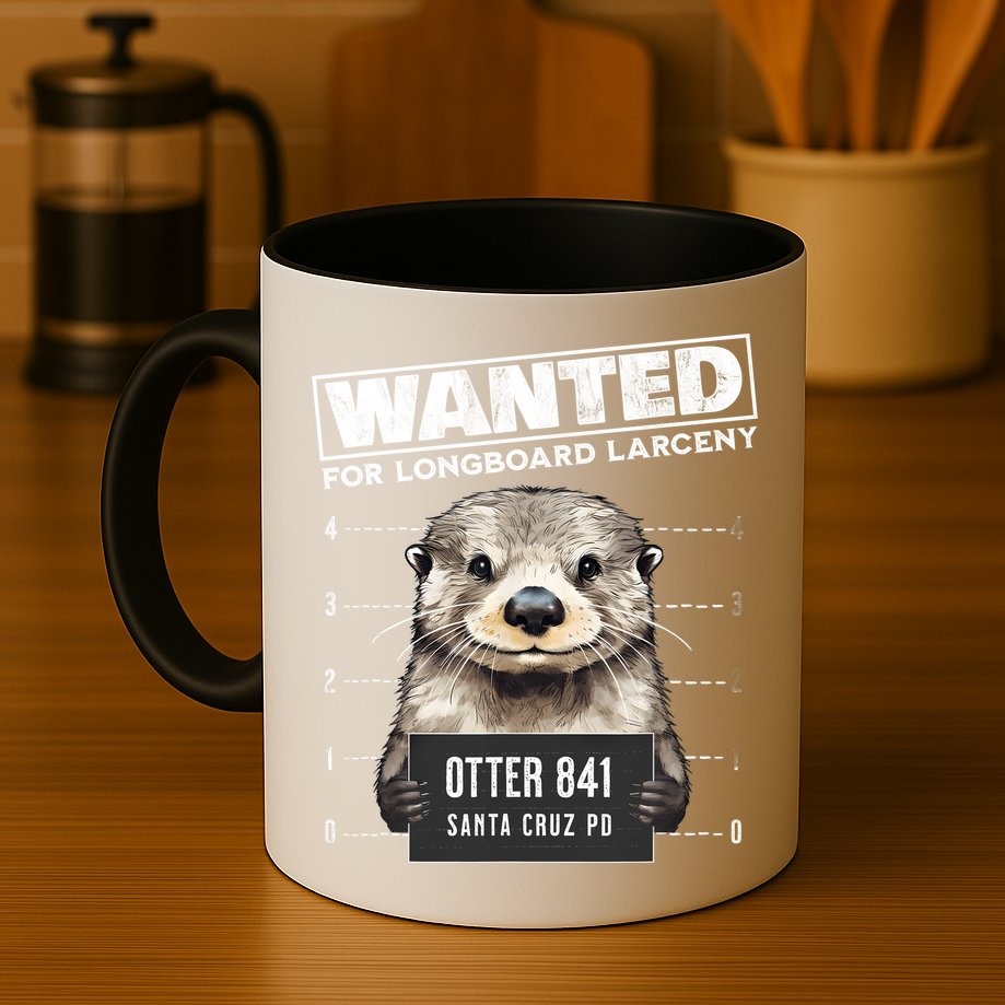 Surfing Otter 841 Wanted For Long Board Larceny Funny Cali Mug