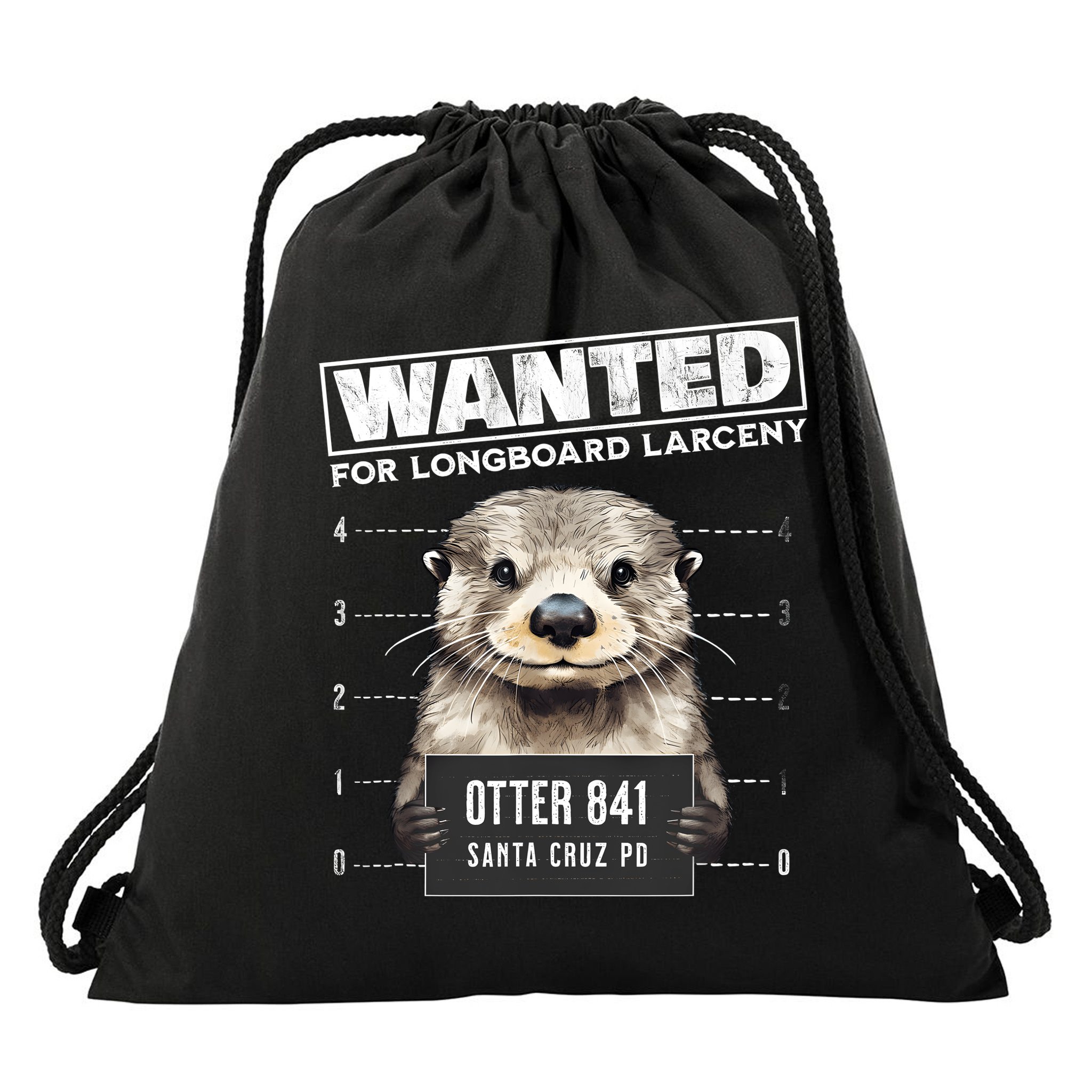 Surfing Otter 841 Wanted For Long Board Larceny Funny Cali Drawstring Bag