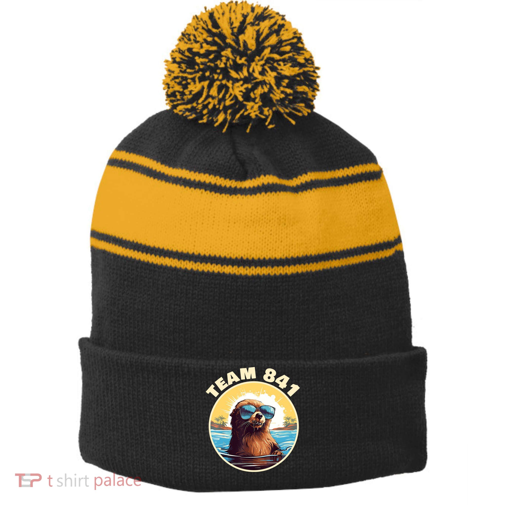 Surfing Otter 841 Otter My Way California Sea Otter Stripe Pom Pom Beanie