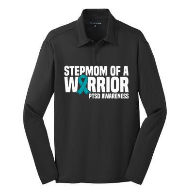 Stepmom Of A Warrior Teal Ribbon Ptsd Awareness Gift Silk Touch Performance Long Sleeve Polo