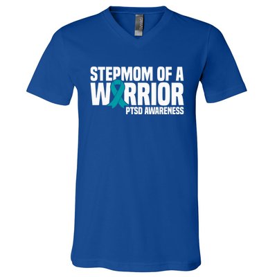 Stepmom Of A Warrior Teal Ribbon Ptsd Awareness Gift V-Neck T-Shirt