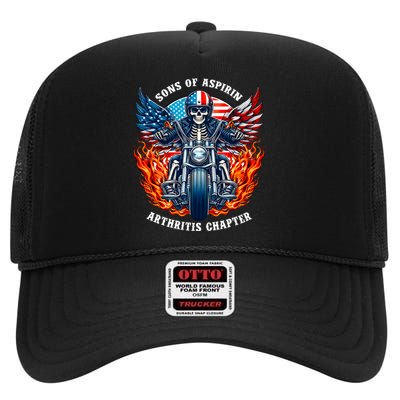 Sons Of Aspirin Arthritis Chapter Skeleton Motorcycle Rider High Crown Mesh Back Trucker Hat