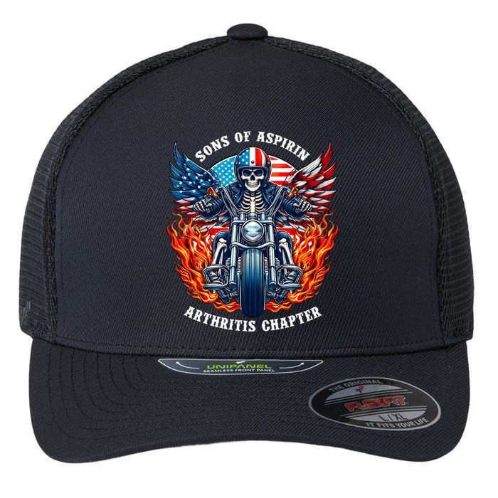 Sons Of Aspirin Arthritis Chapter Skeleton Motorcycle Rider Flexfit Unipanel Trucker Cap