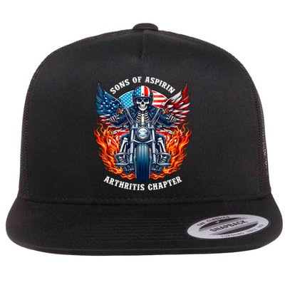 Sons Of Aspirin Arthritis Chapter Skeleton Motorcycle Rider Flat Bill Trucker Hat