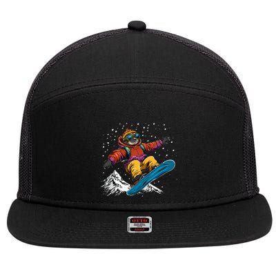 Sloth On A Snowboard Snowboarding 7 Panel Mesh Trucker Snapback Hat
