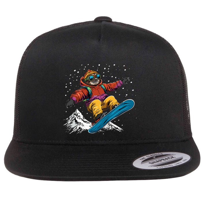 Sloth On A Snowboard Snowboarding Flatbill Hat