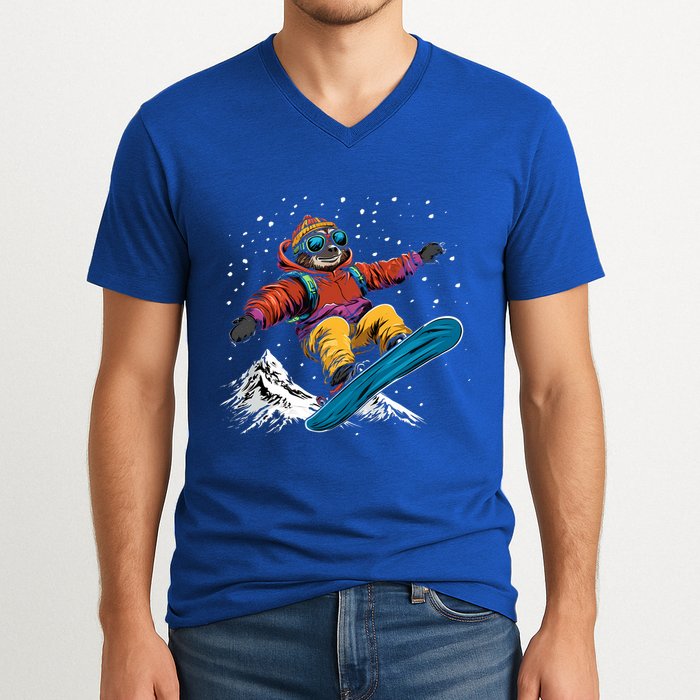 Sloth On A Snowboard Snowboarding V-Neck T-Shirt
