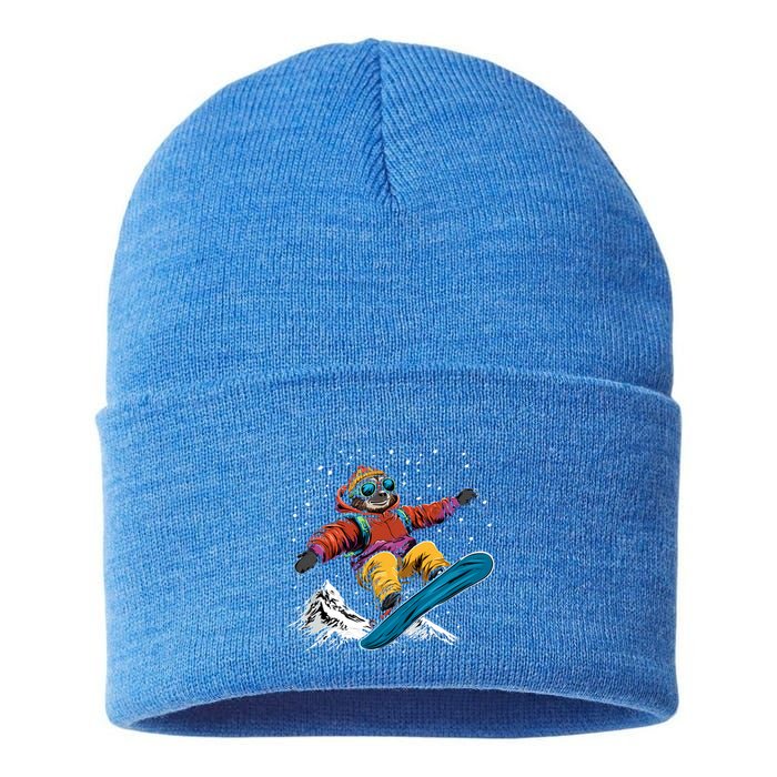 Sloth On A Snowboard Snowboarding Sustainable Knit Beanie
