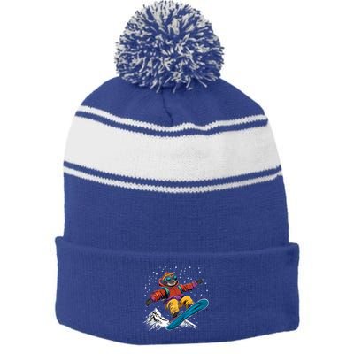 Sloth On A Snowboard Snowboarding Stripe Pom Pom Beanie