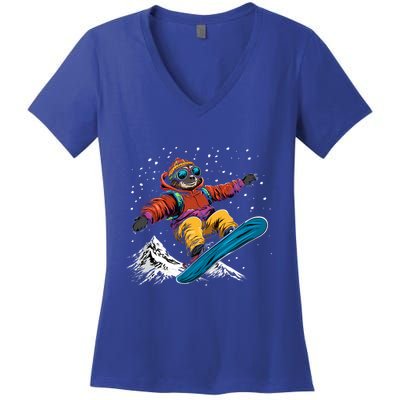 Sloth On A Snowboard Snowboarding Women's V-Neck T-Shirt