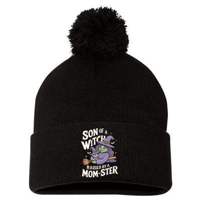 Son Of A Witch Raised By A Mom Ster Mom And Son Halloween Pom Pom 12in Knit Beanie