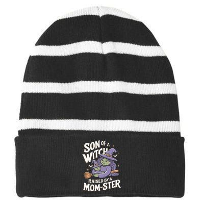 Son Of A Witch Raised By A Mom Ster Mom And Son Halloween Striped Beanie with Solid Band