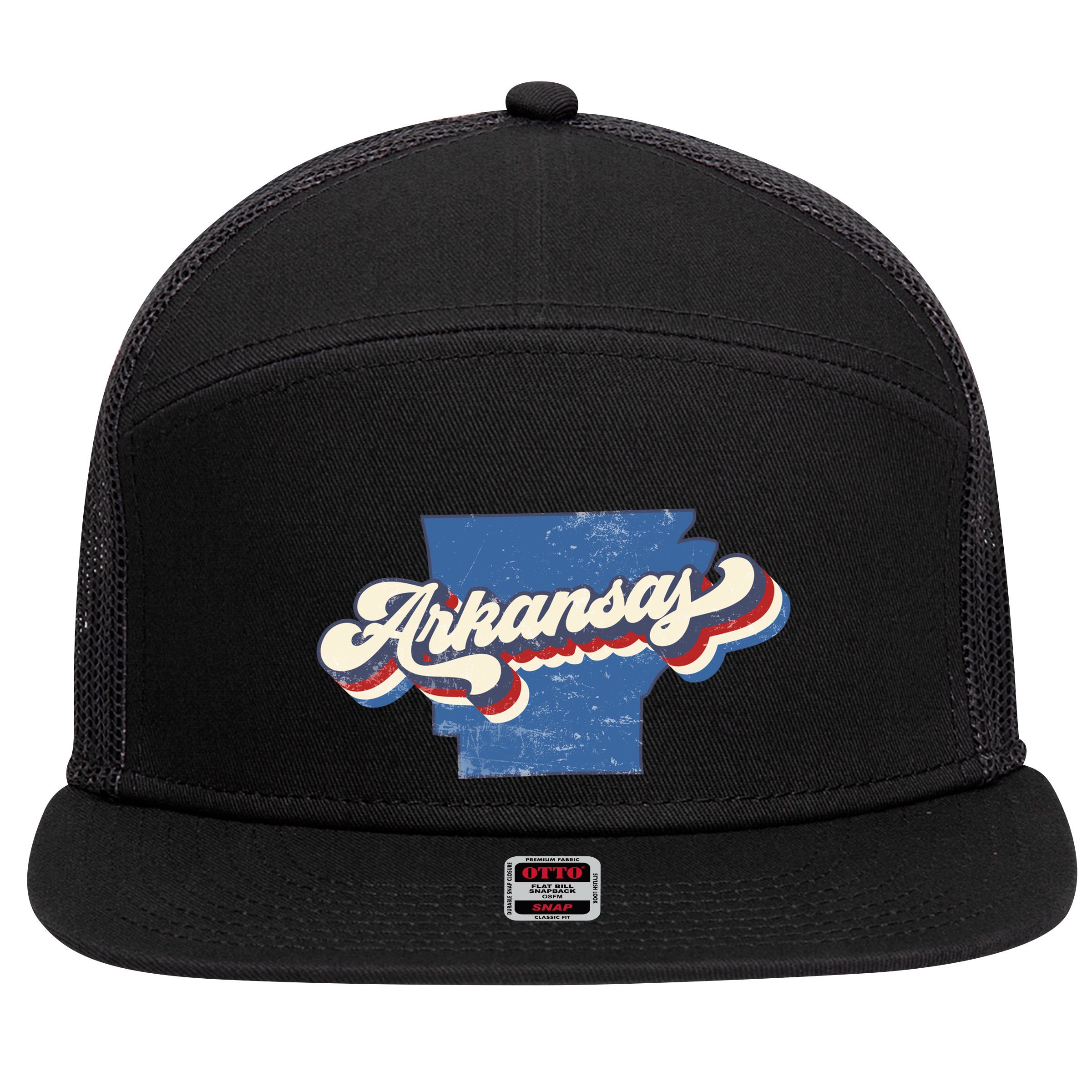 State Of Arkansas Retro Logo 7 Panel Mesh Trucker Snapback Hat