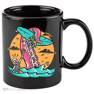 Surfing Octopus Attack Surfer Holiday Gift 11oz C Handle Ceramic Mug