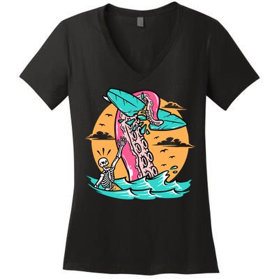 Surfing Octopus Attack Surfer Holiday Gift Women's V-Neck T-Shirt