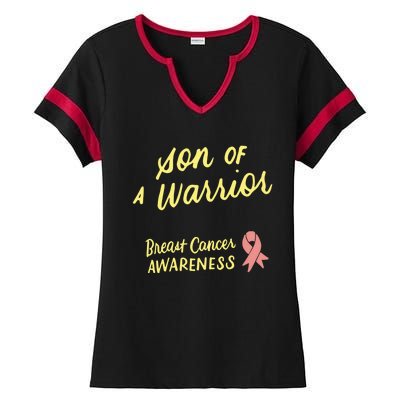 Son Of A Warrior Breast Cancer Awareness Pink Ribbon Funny Gift Ladies Halftime Notch Neck Tee