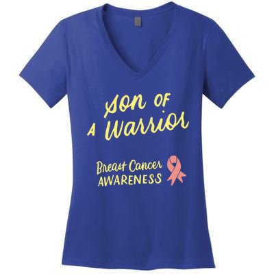 Son Of A Warrior Breast Cancer Awareness Pink Ribbon Funny Gift Women's V-Neck T-Shirt