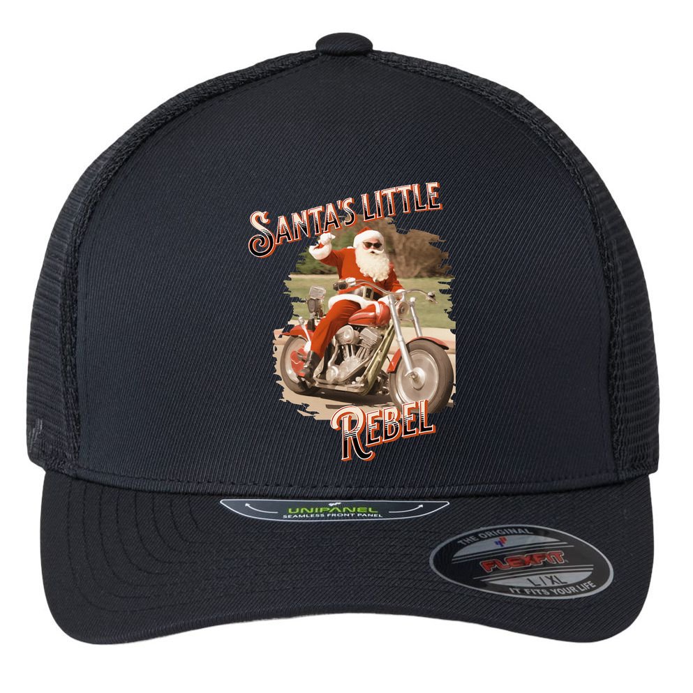 Santa on a Motorcycle Vintage Style Rebellious Christmas  Flexfit Unipanel Trucker Cap