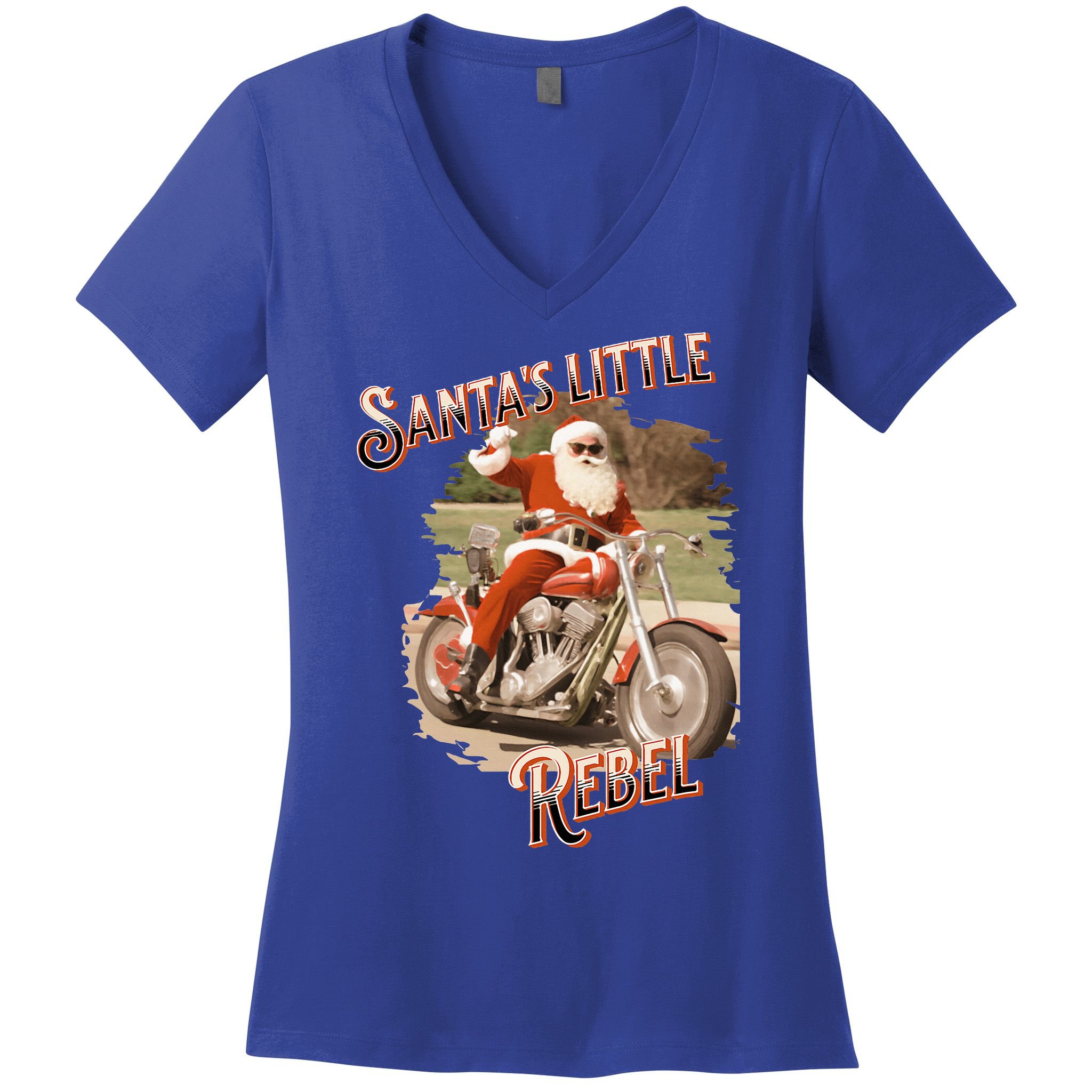 Santa on a Motorcycle Vintage Style Rebellious Christmas  Women's V-Neck T-Shirt
