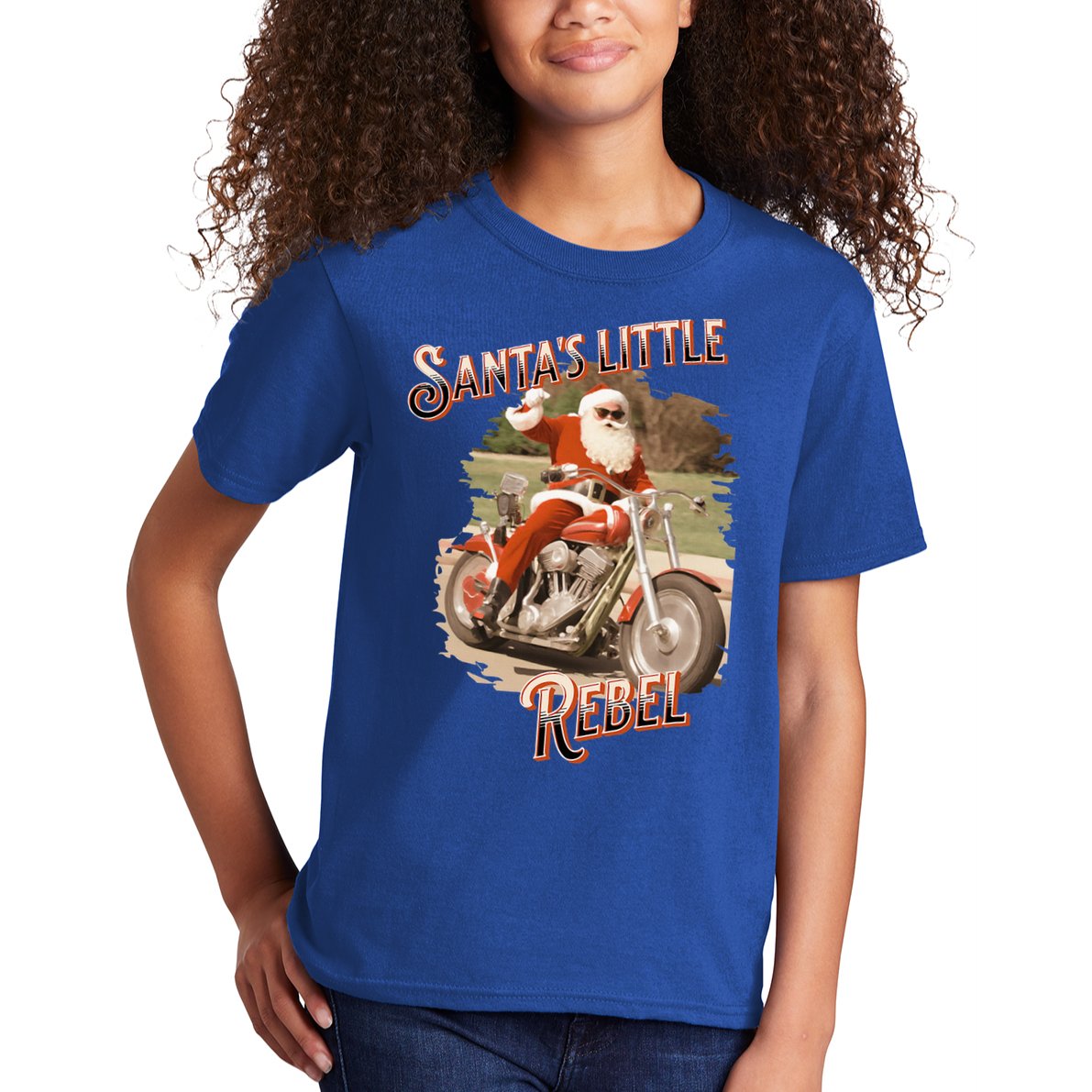 Santa on a Motorcycle Vintage Style Rebellious Christmas  Kids T-Shirt