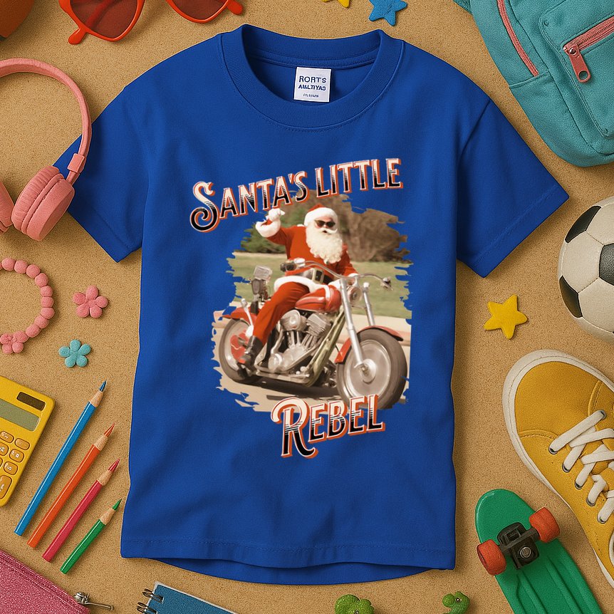 Santa on a Motorcycle Vintage Style Rebellious Christmas  Kids T-Shirt