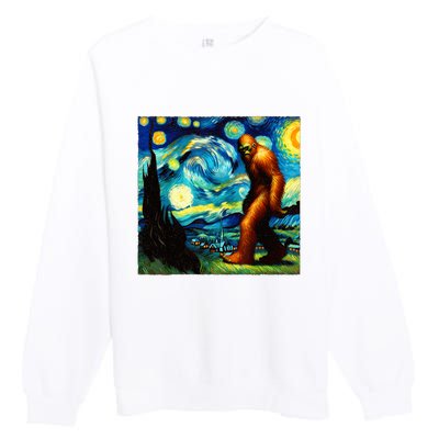 Sasquatch On A Starry Night – Squatch Van Gogh Funny Bigfoot Premium Crewneck Sweatshirt