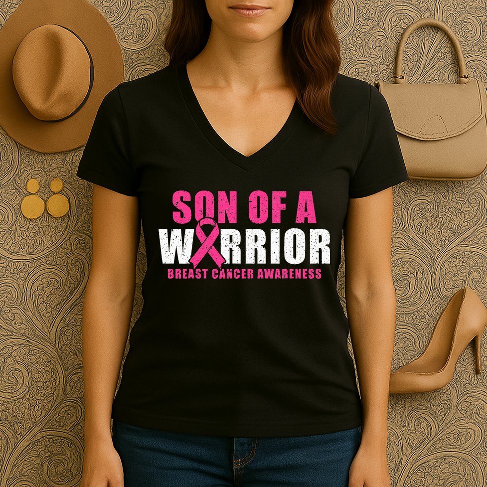 Son Of A Warrior Breast Cancer Awareness Women's V-Neck T-Shirt