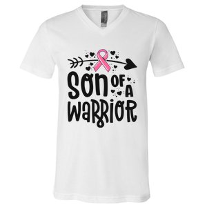 Son Of A Warrior Family Breast Cancer Gift Pink Ribbon Meaningful Gift V-Neck T-Shirt