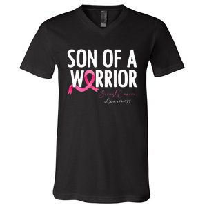 Son Of A Warrior Pink Ribbon Breast Cancer Awareness V-Neck T-Shirt