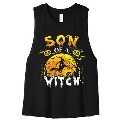 Son Of A Witch Funny Family Matching Halloween Pumpkin Women's Racerback Cropped Tank