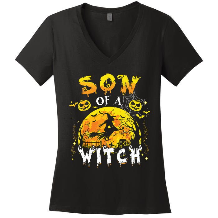 Son Of A Witch Funny Family Matching Halloween Pumpkin Women's V-Neck T-Shirt