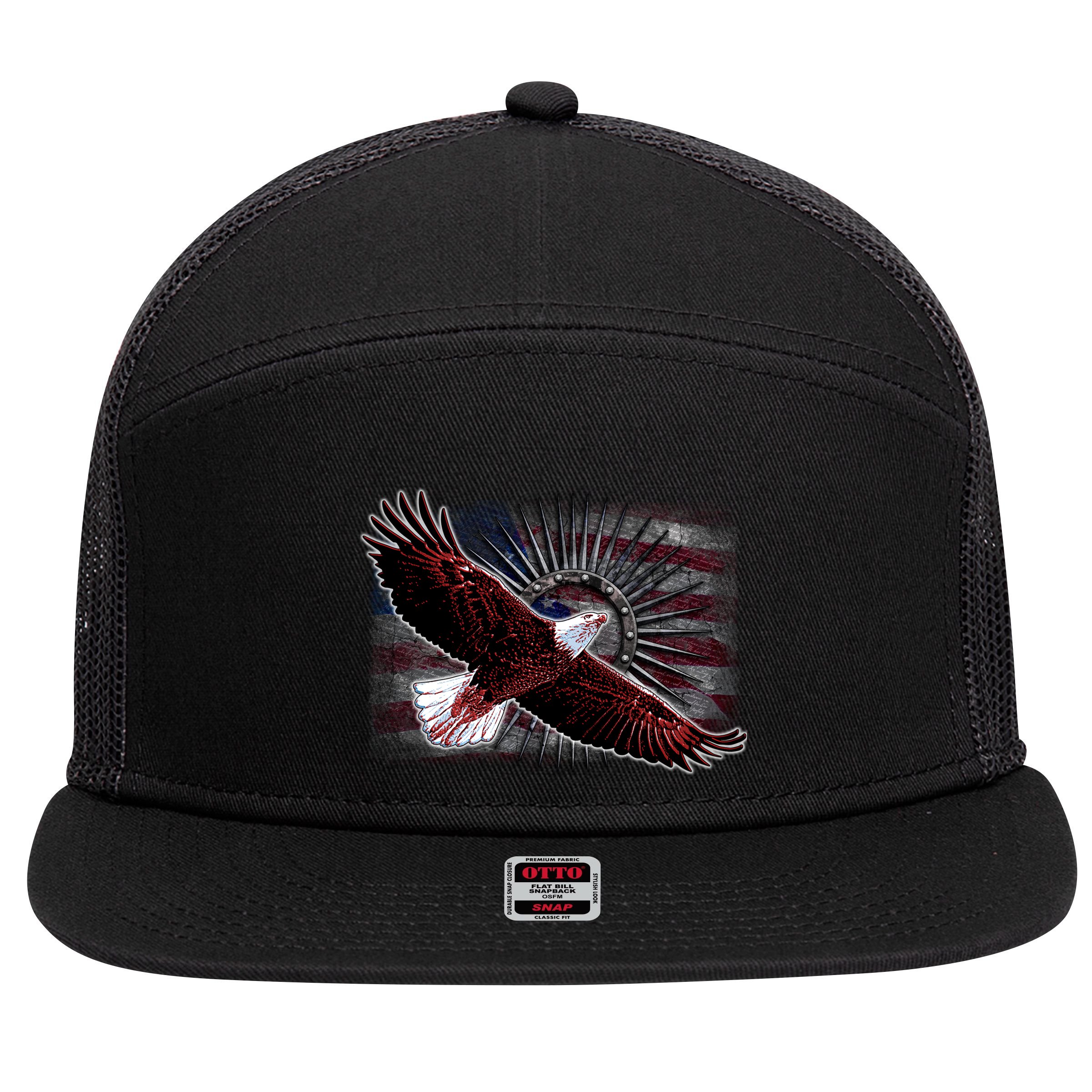 Soaring Metal Eagle American Flag 7 Panel Mesh Trucker Snapback Hat