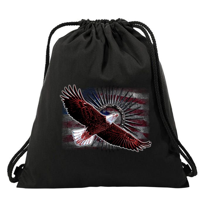 Soaring Metal Eagle American Flag Drawstring Bag