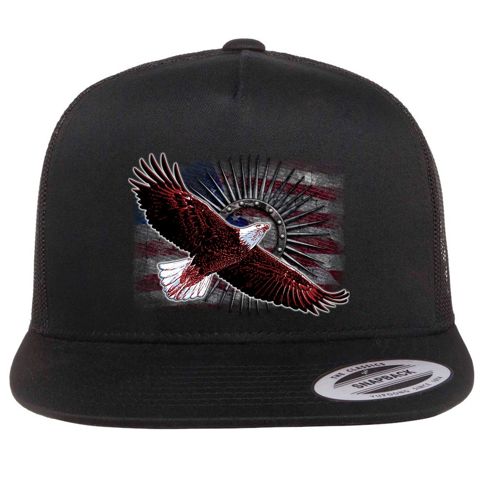 Soaring Metal Eagle American Flag Flat Bill Trucker Hat