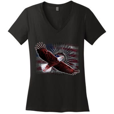 Soaring Metal Eagle American Flag Women's V-Neck T-Shirt