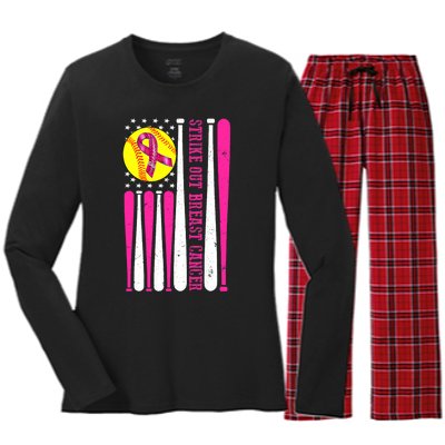 Strike Out Breast Cancer Softball Fight Awareness 2024 Women's Long Sleeve Flannel Pajama Set 