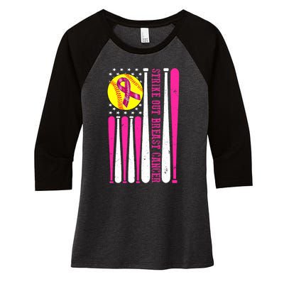 Strike Out Breast Cancer Softball Fight Awareness 2024 Women's Tri-Blend 3/4-Sleeve Raglan Shirt