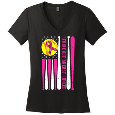 Strike Out Breast Cancer Softball Fight Awareness 2024 Women's V-Neck T-Shirt