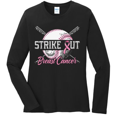 Strike Out Breast Cancer Baseball Breast Cancer Awareness Ladies Long Sleeve Shirt