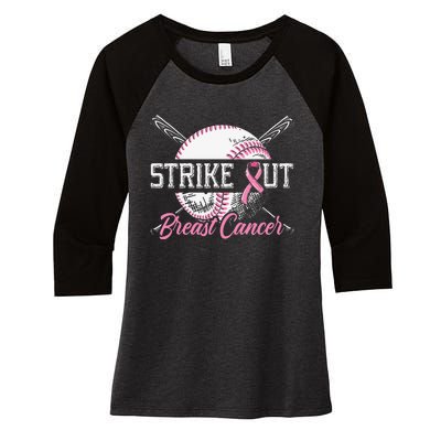 Strike Out Breast Cancer Baseball Breast Cancer Awareness Women's Tri-Blend 3/4-Sleeve Raglan Shirt