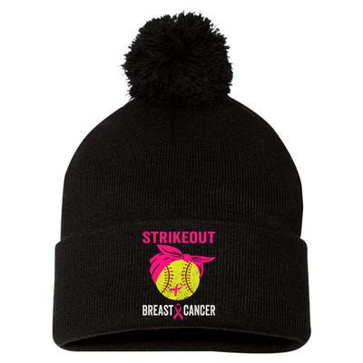 Strike Out Breast Cancer Awareness Messy Bun Softball Pom Pom 12in Knit Beanie