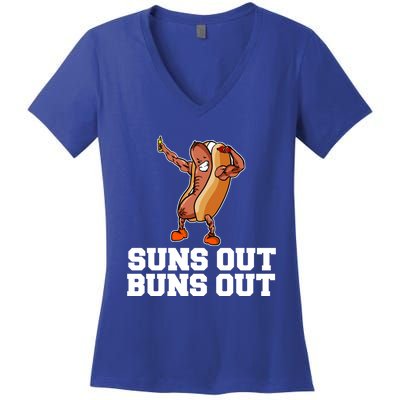 Suns Out Buns Out Funny Hot Dog Cartoon Meaningful Gift Women's V-Neck T-Shirt