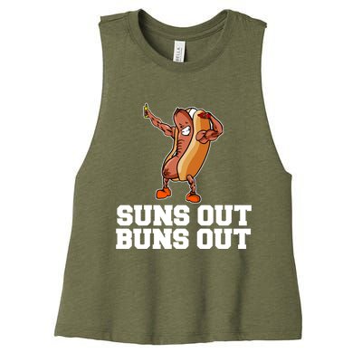 Suns Out Buns Out Funny Hot Dog Cartoon Meaningful Gift Women's Racerback Cropped Tank