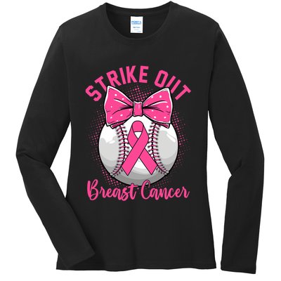 Strike Out Breast Cancer Awareness Day Ribbon Baseball Ladies Long Sleeve Shirt