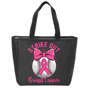 Strike Out Breast Cancer Awareness Day Ribbon Baseball Zip Tote Bag