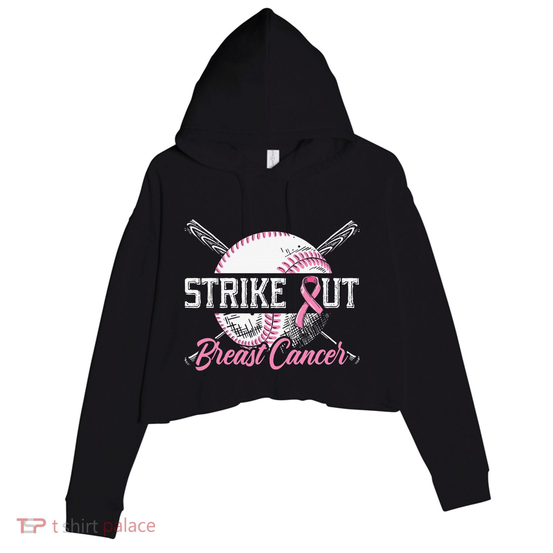 Strike Out Breast Cancer Awareness Baseball Pink Ribbon Crop Fleece Hoodie