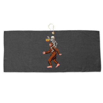 Skeleton On Bigfoot Funny Sasquatch Yeti Halloween Costume Large Microfiber Waffle Golf Towel