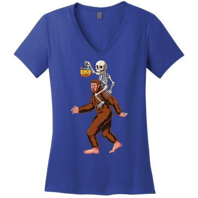 Skeleton On Bigfoot Funny Sasquatch Yeti Halloween Costume Women's V-Neck T-Shirt